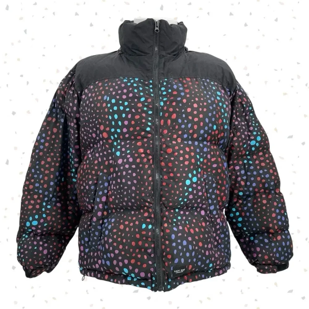 Lazy Oaf Midnight Lizard Puffer Jacket Black Rainbow Spotted Coat Unisex Size S